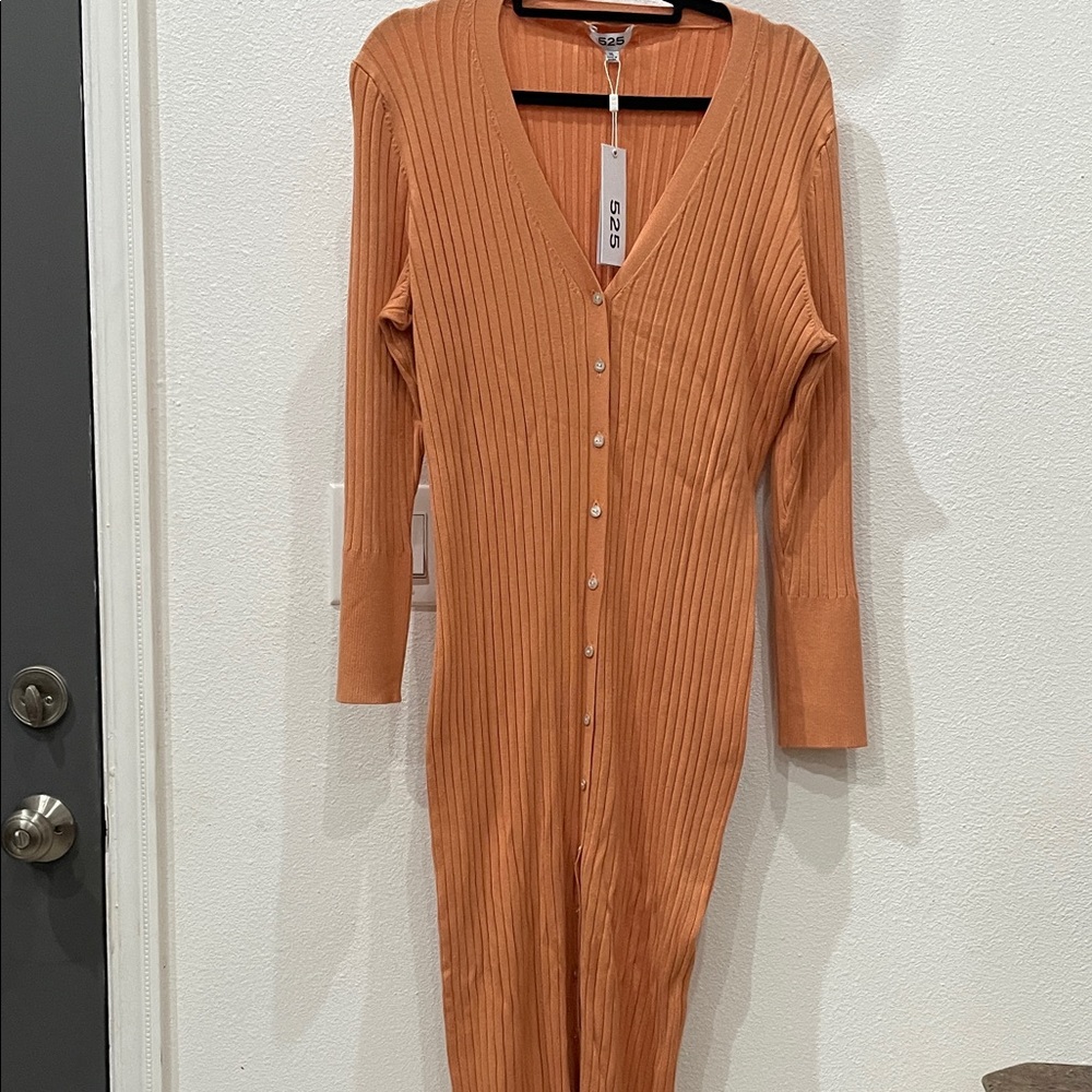 525 America Terracotta Long Sleeve Ribbed Dress